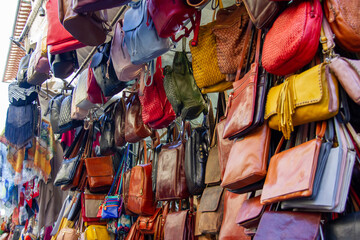 Group of leather bags in Florence, Italy