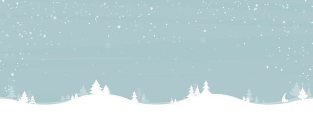 Landscape winter season. Sky blue with white tree and snowing. Cartoon style. Christmas and New year background in winter. Space for your text. Vector illustration.