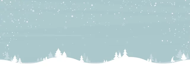 Keuken spatwand met foto Landscape winter season. Sky blue with white tree and snowing. Cartoon style. Christmas and New year background in winter. Space for your text. Vector illustration. © Happy-Lucky