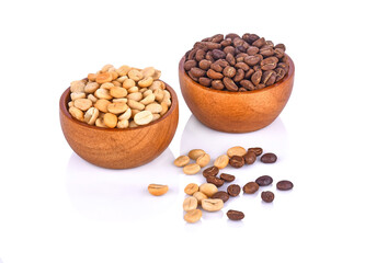 coffee beans in wooden bowl isolated on white background.