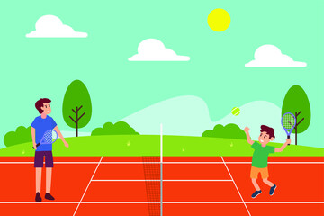 Father and son quality time vector concept: Boy playing tennis with his father at the outdoors court