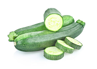 fresh green zucchini with slice isolated on white background.