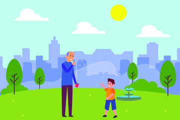 Happy grandfather vector concept: Grandfather and grandson playing bubble soap together in the park