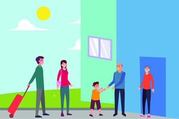 Three generations family vector concept: Cute grandson with his parents saying goodbye to grandparents in front of house