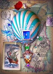 Selbstklebende Fototapete Phantasie Reisen Sie mit dem Ballon. Surrealer und Steampunk-Heißluftballon mit alten Papieren, Zeichnungen und Karten