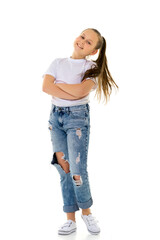 Little girl in a pure white T-shirt for advertising and jeans.