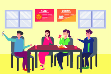 Friendship vector concept: Group of people taking selfie photo together with a mobile phone while eating pizza and soft drink in the cafe