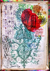 Fotobehang Alchemie en mysteries. Oude papieren en mysterieuze manuscripten met magische en esoterische symbolen, tekeningen en formules © Rosario Rizzo