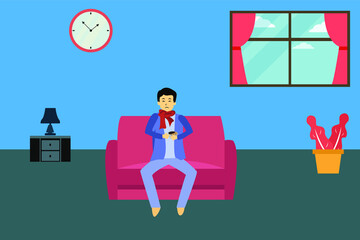 Sickness vector concept: Sick person sitting on the sofa while holding hot drink at home