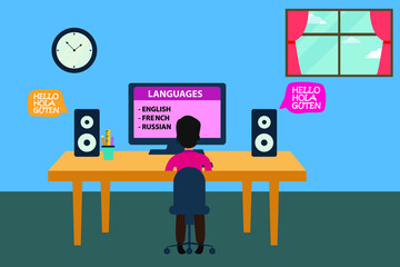 Education vector concept: Boy studying online foreign language by listening with computer and speaker on the table at home © Creativa Images