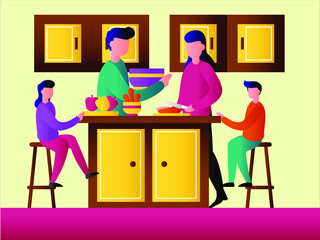 Family cooking vector concept: Young parents and cute children cooking together in the kitchen 