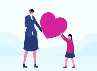 World Teacher Day vector concept: Female student giving a heart symbol to her teacher