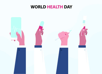 World Health Day vector concept: Hands holding a mobile phone, medicine, syringe, and blood