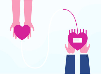 Blood Donation vector concept: Hands holding heart symbol with blood flowing to another heart