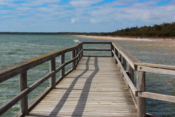 Rare colony of 6 kilometre long thrombolite living rocks calcium carbonate accreted structures in shallow water, 3.5 billion years old seen from the board walk at Lake Clifton  ,Western Australia  .