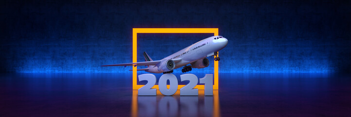 Airline travel with yellow frame on black background, concept 2021. 3d rendering	