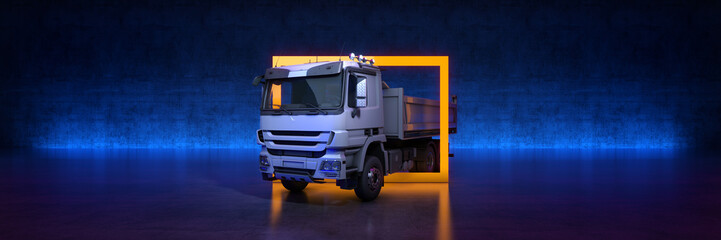 white heavy truck with yellow frame on black background. 3d rendering