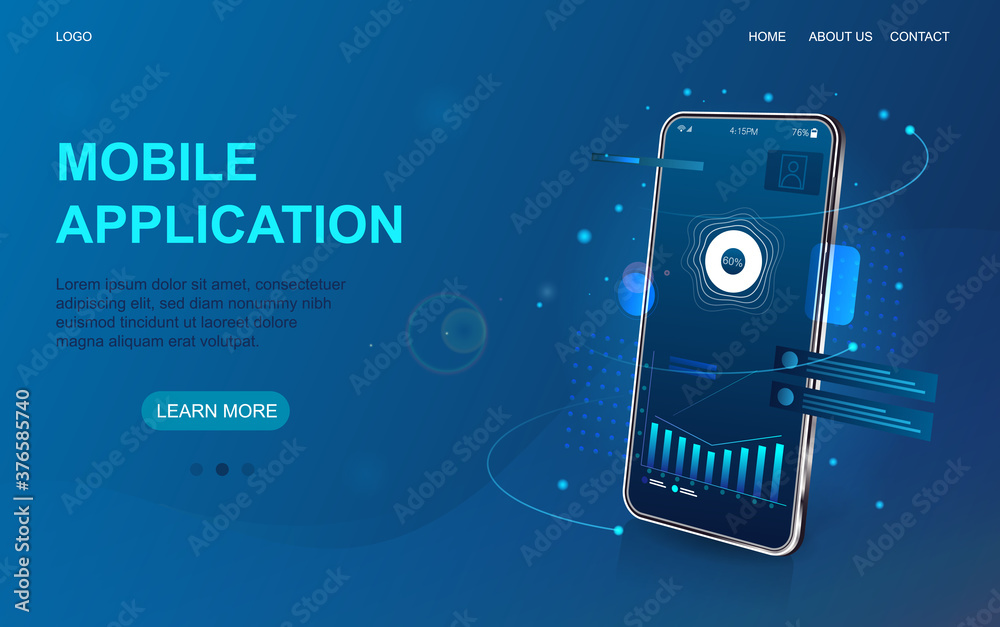 Aufkleber mobile and online application development web page template showing oblique angle smartphone with on