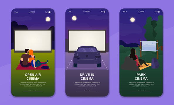 Three concepts of outdoor cinema with couples watching Open-air Cinema, Drive-in Cinema and Park Cinema, colored vector illustration