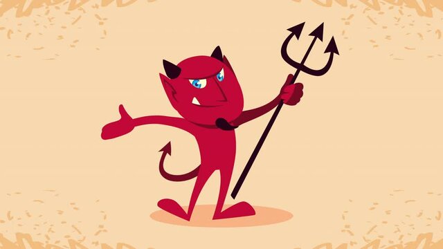 happy halloween animation with devil lifting trident