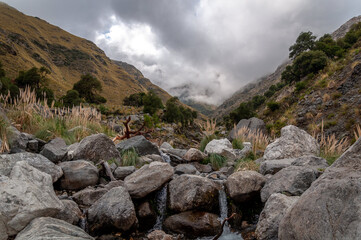 Obraz premium Forested mountain slope in low lying cloud of scenic landscape view with a trail of meltwater running through big rocks