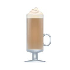 Glass mug of coffee drink. Aroma glace beverage with whipped cream in transparent mug realistic vector illustration isolated on white background