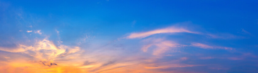 Fototapeta premium Twilight panorama sky background with colorful cloud in dusk. Panoramic image.