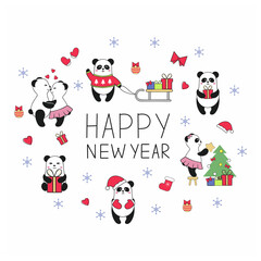 New year and Christmas fun set with cute pandas who hug, give gifts, dress up the Christmas tree and celebrate the holiday. Vector stickers for social networks. Pandas in different poses and clothes.