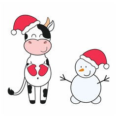 A cute bull in a Santa hat and red mittens makes a snowman. Year Of The Bull 2021. Illustration for New year and Christmas. Holiday card, design element, greeting. Happy New year and Christmas
