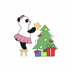 Cute Panda girl with a bow and skirt dresses up a Christmas tree. Children's flat cartoon illustration. Sticker for laptop, social network, one element for postcard design. New year and Christmas.