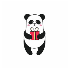 Panda holds a gift for birthday, New year or Christmas. Festive children's cartoon illustration. Funny sticker for posts on social networks and the Internet.  Drawing of a Panda on a white background