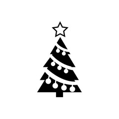 Decorated Christmas tree simple vector icon. Xmas pine line illustration. Black and white silhouette of winter holiday symbol.