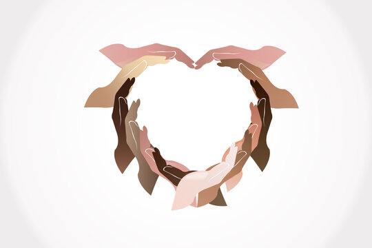 Hands love heart shape unity diversity help people logo vector web image