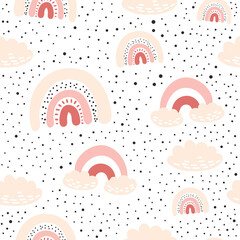 Seamless pattern with cloud and rainbow in the sky.  Creative kids hand drawn texture for fabric, wrapping, textile, wallpaper, apparel. Vector illustration
