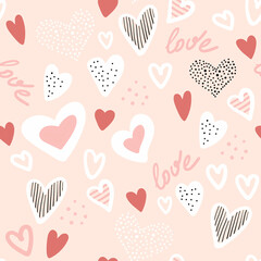 Seamless childish pattern with hand drawn hearts