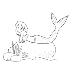 Cute line art mermaid colouring page for happy kids do activity.