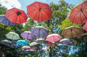 colorful umbrella decorated at outdoors garden