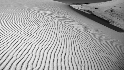 The sand pattern on desert dunes. Black and white.