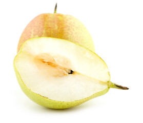 half and whole ripe yellow pear an isolated on a white background
