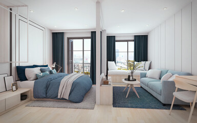 Fototapeta na wymiar Bedroom and living in apartment,Condominium,Hotel.Modern design with blue color.3d rendering
