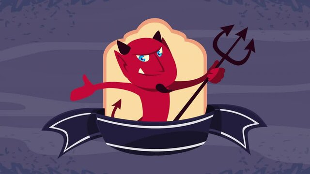 happy halloween animation with devil lifting trident in frame