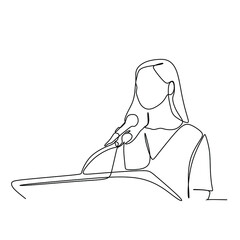A young woman giving speech. Continuous single line illustration drawing vector