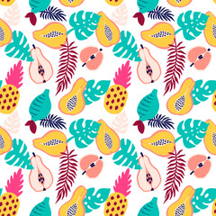 Abstract tropical fruits pattern. Exotic seamless pattern with pineapple, lemon, pear, Apple, papaya and palm leaves. Vector illustration in hand drawn style. Bright ornament for textile and wrapping.