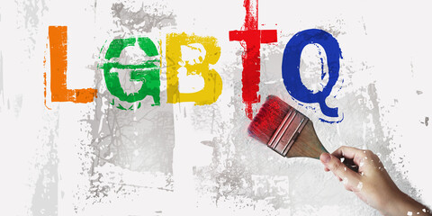 LGBTQ abbreviation and female hand with paintbrush. Equal rights concept