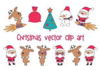 Funny Santa Claus and deer. Christmas set. Vector illustrations isolated on a white background.