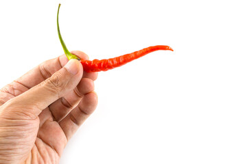Isolated of hand picking up a fresh red chilli