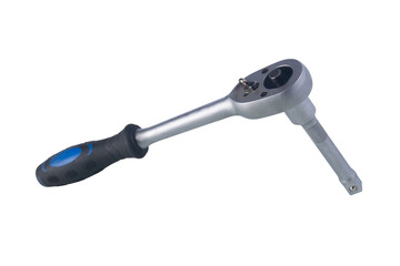 key adapter, ratchet, metal with black handle, for quick unscrewing of bolts and nuts, on a white...