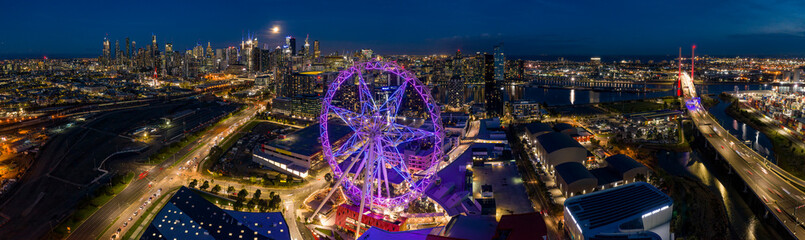 Aerial view of the Bolte Bridge and city of Melbourne at night