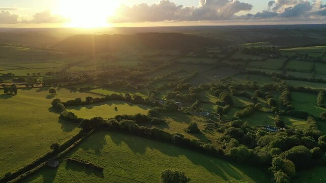Aerial clip of rolling Devon countryside near Brentor, Devon, England