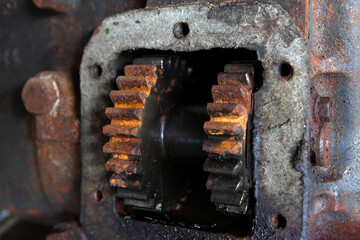 close up of old rusty metal , gear,bolt,wheel.